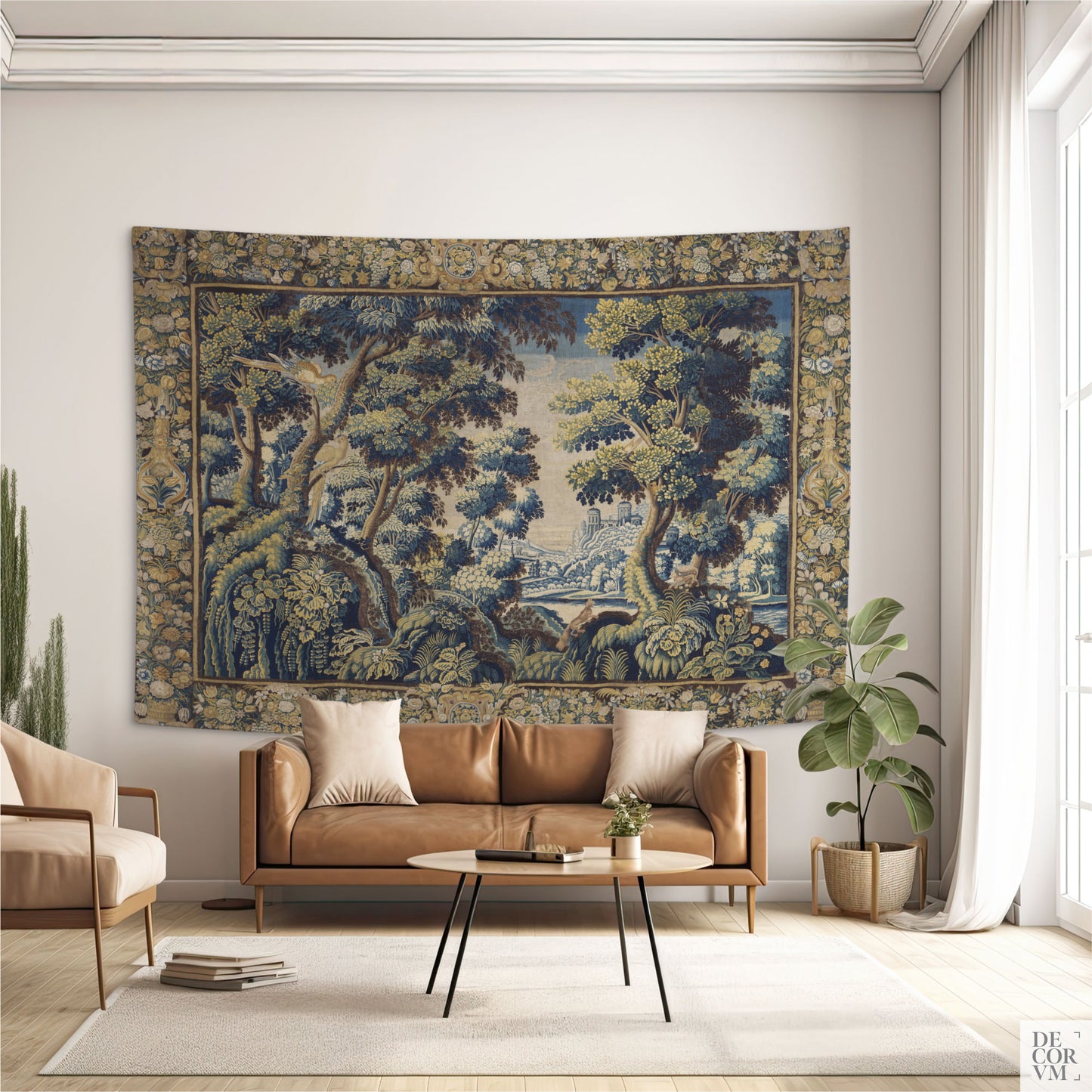 Large size verdure wall tapestry in a modern living room with earth colors