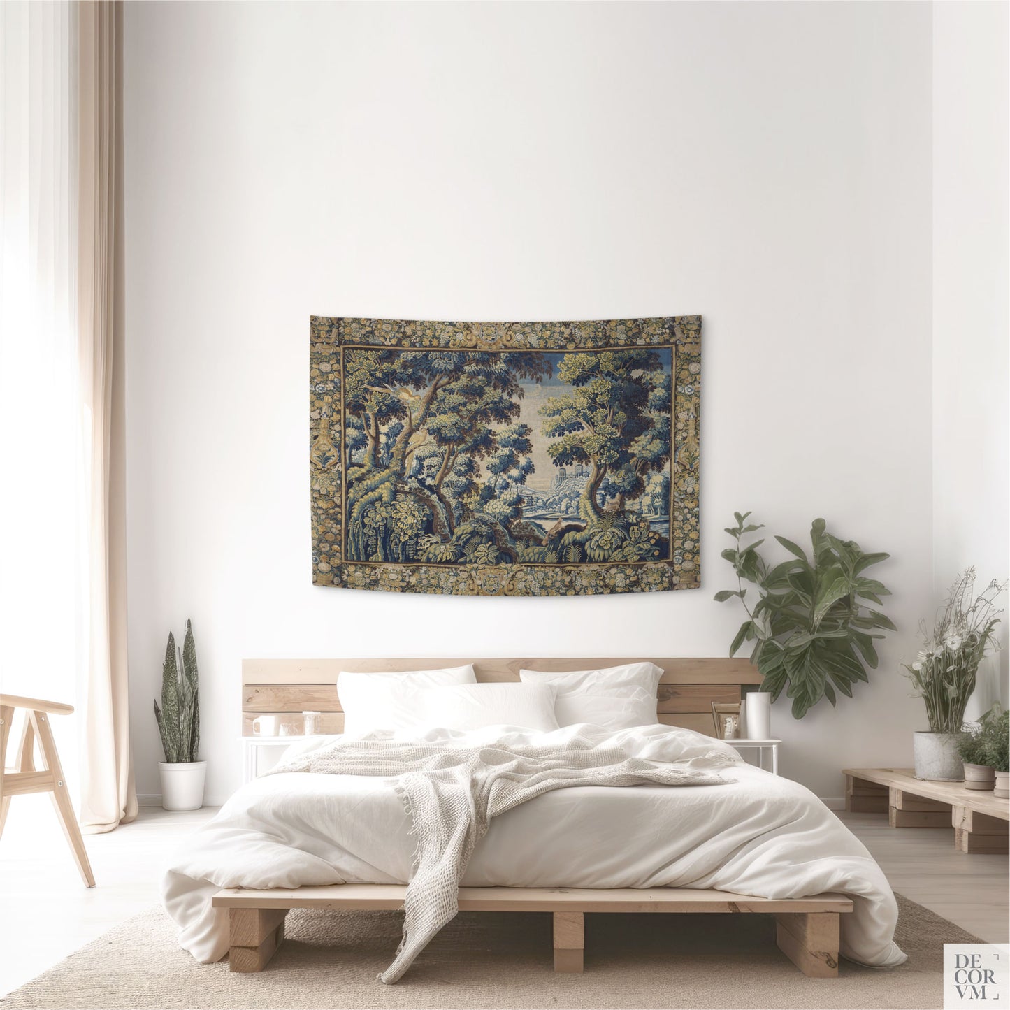 Small size verdure wall tapestry in cotton blend decorating a bedroom wall