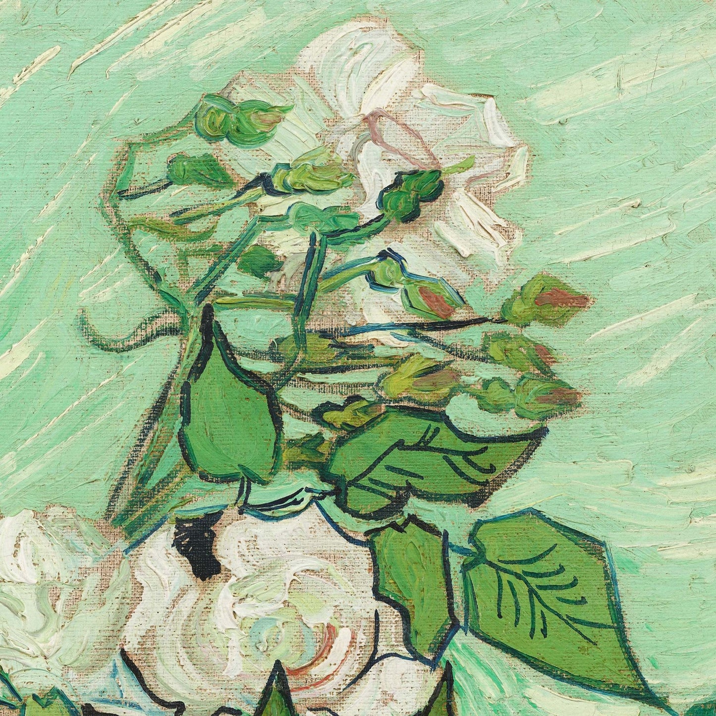 Close-up on floral buds and leaves in Van Gogh's Roses, with expressive outlines and layered greens.