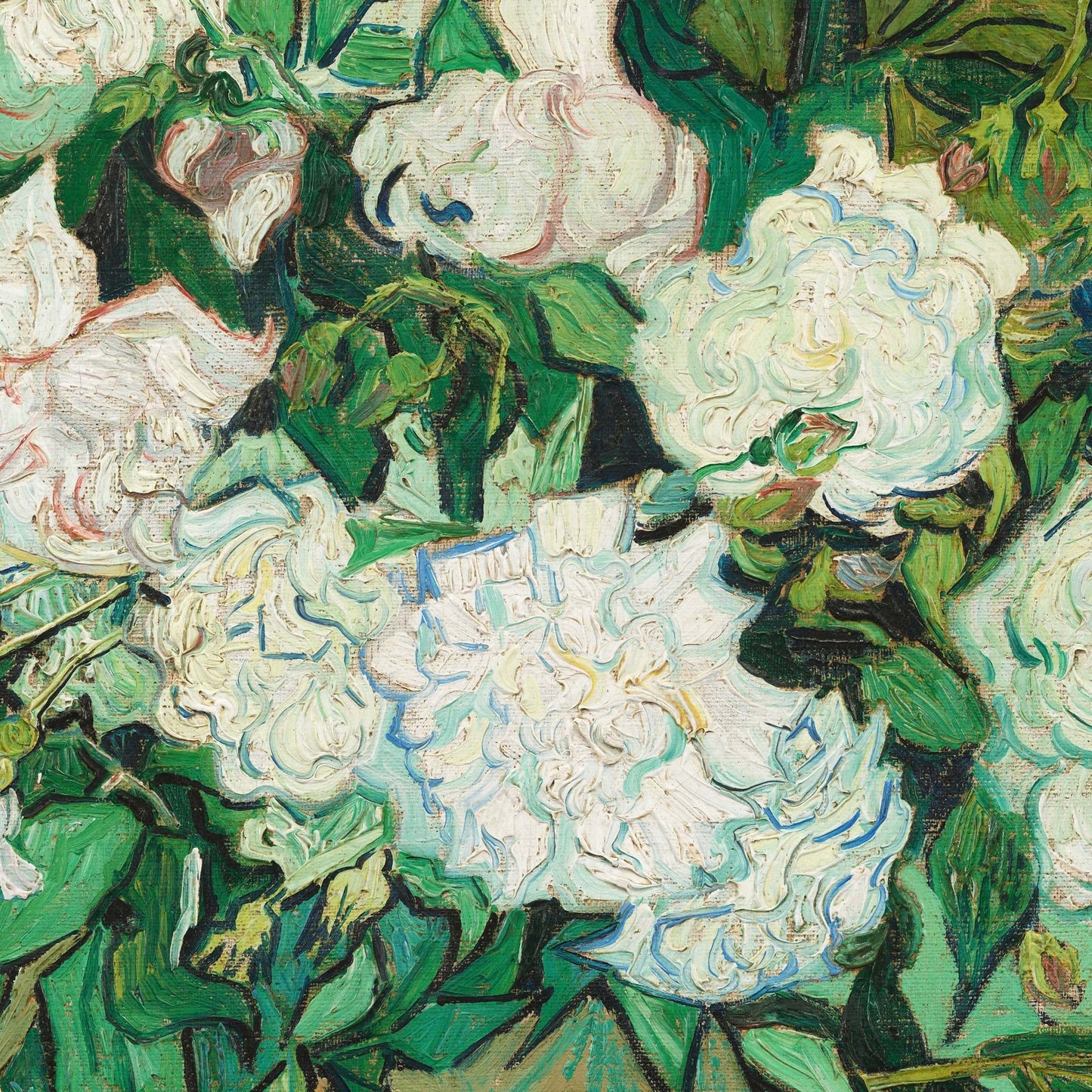 Detail view of the rose bouquet center, showing the swirl and impasto texture of Van Gogh's oil painting.