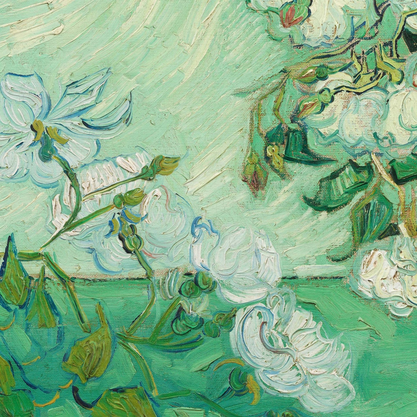 Section of pale cream roses on light green background, showing the fluid and energetic brushwork.