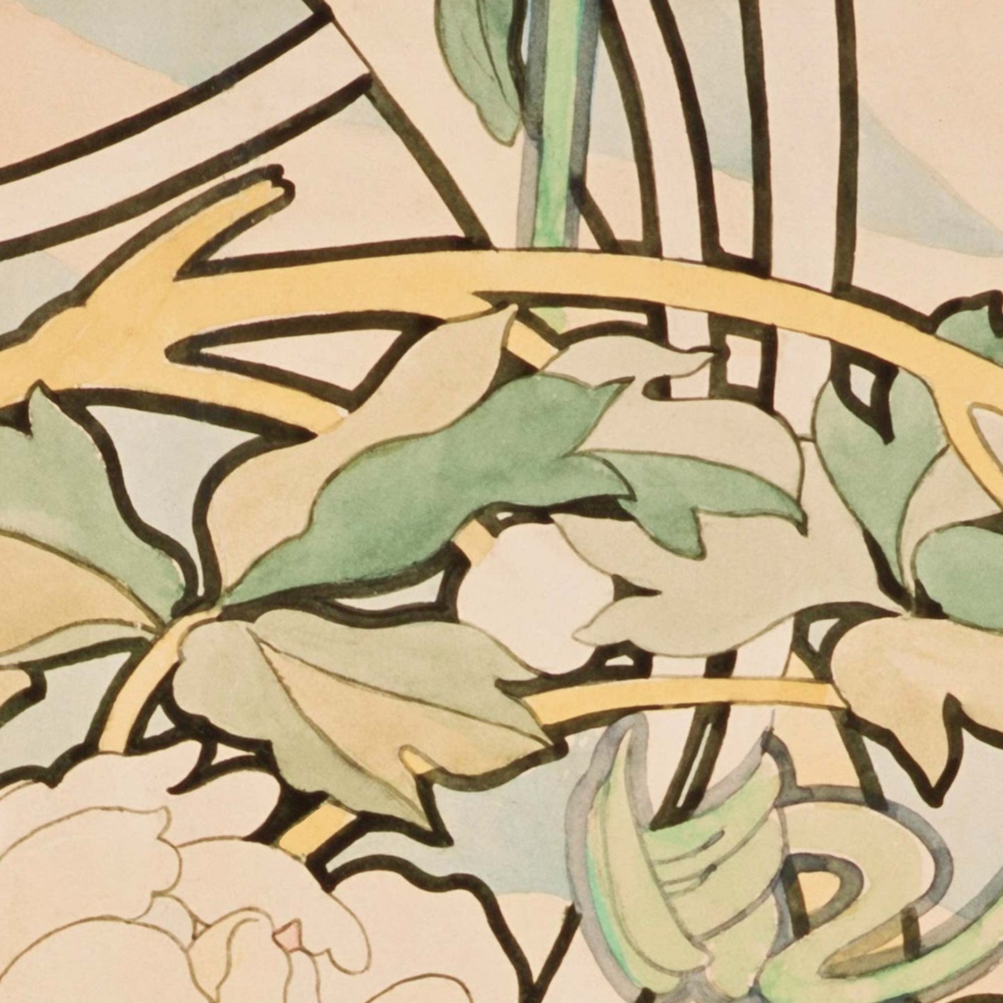 Alphonse Mucha Peonies wallpaper close-up of leaves and lines