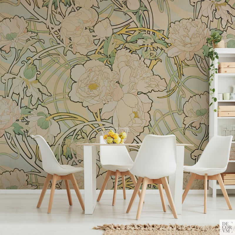 Mucha peonies wallpaper mural in a dining room — Art Nouveau ivory blooms and sage scrollwork by Decorvm