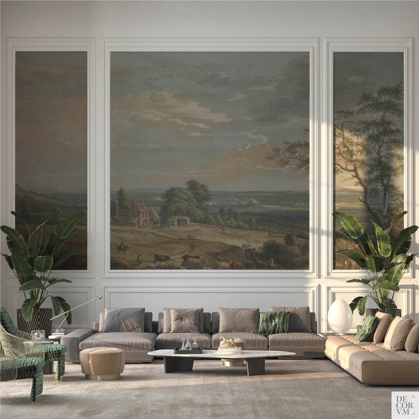 Traditional living room with panel-framed wallpaper mural of a pastoral English landscape with cattle and distant hills, by Decorvm