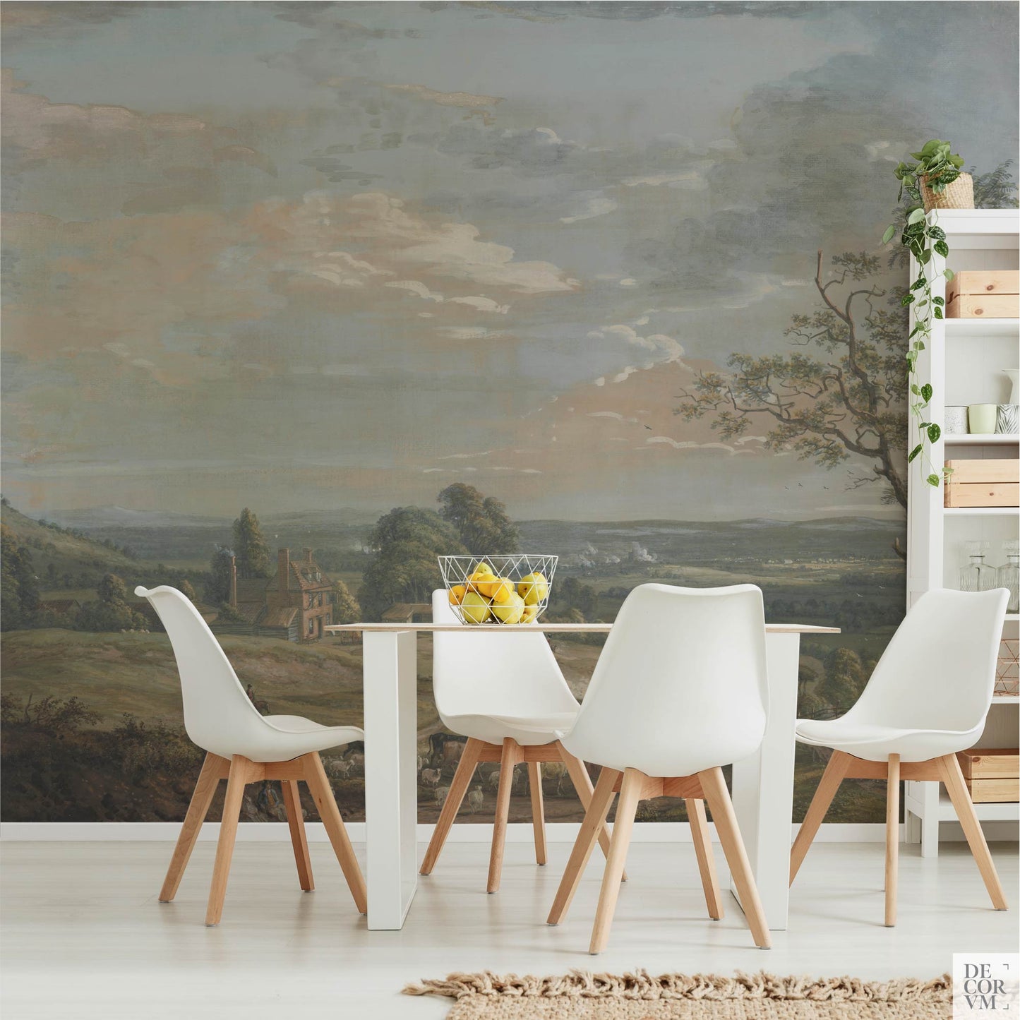 Dining space with wallpaper mural of a panoramic countryside view, featuring a farmhouse and open skies, printed by Decorvm.