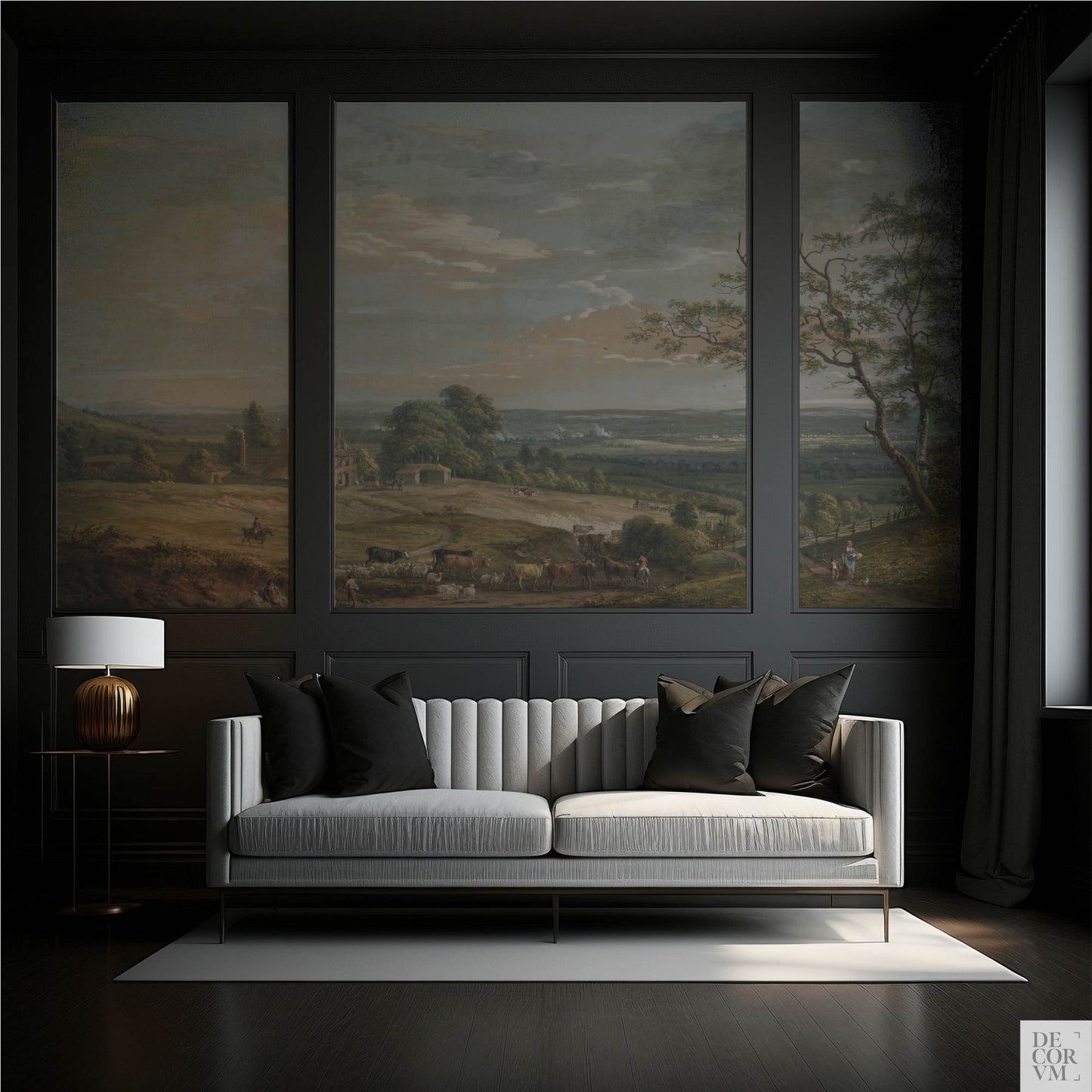 Moody, elegant room with framed mural of English landscape painting featuring cattle and village life, by Decorvm.