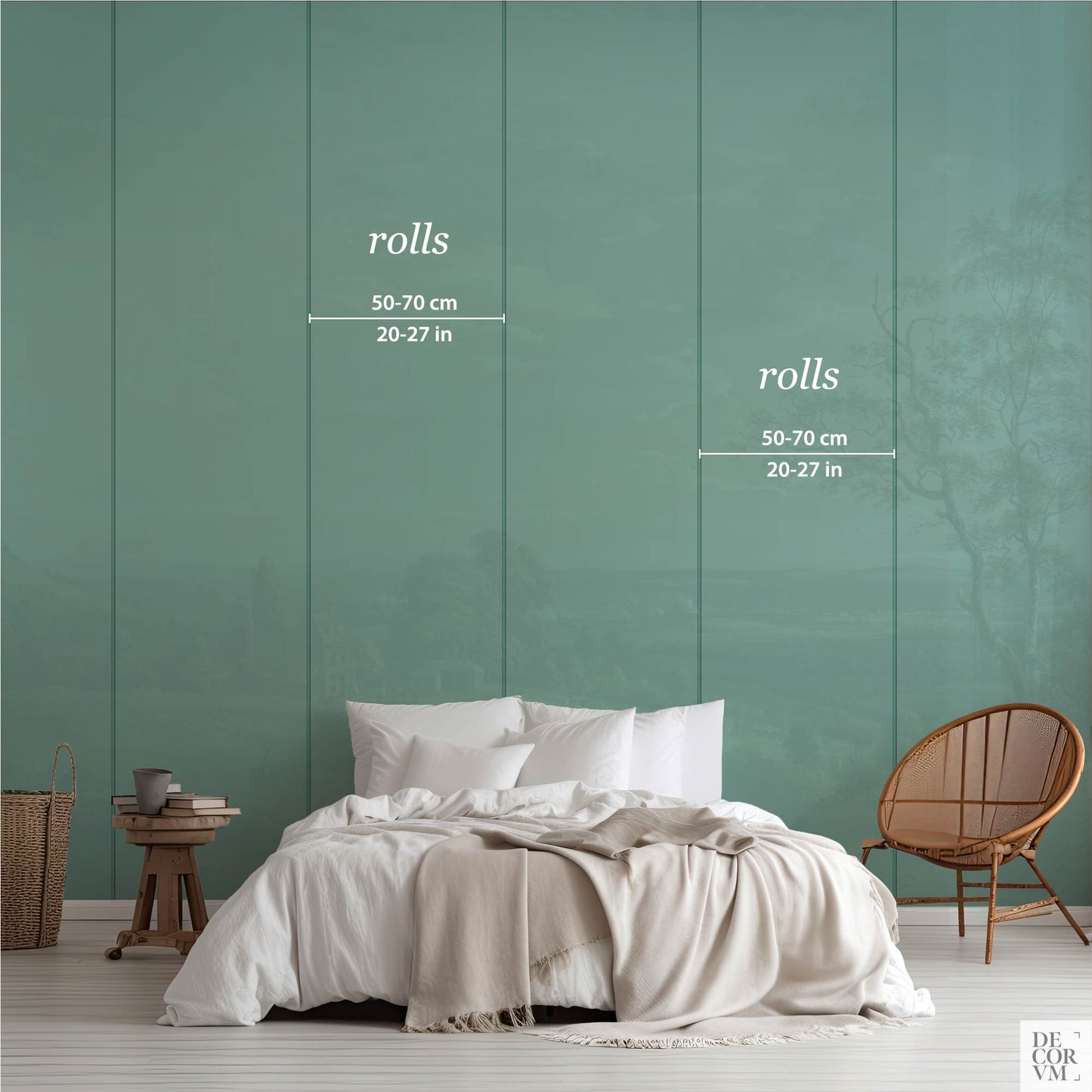Illustration of wallpaper mural panel sizing for Decorvm's English countryside landscape design, showing roll width in inches and centimeters.