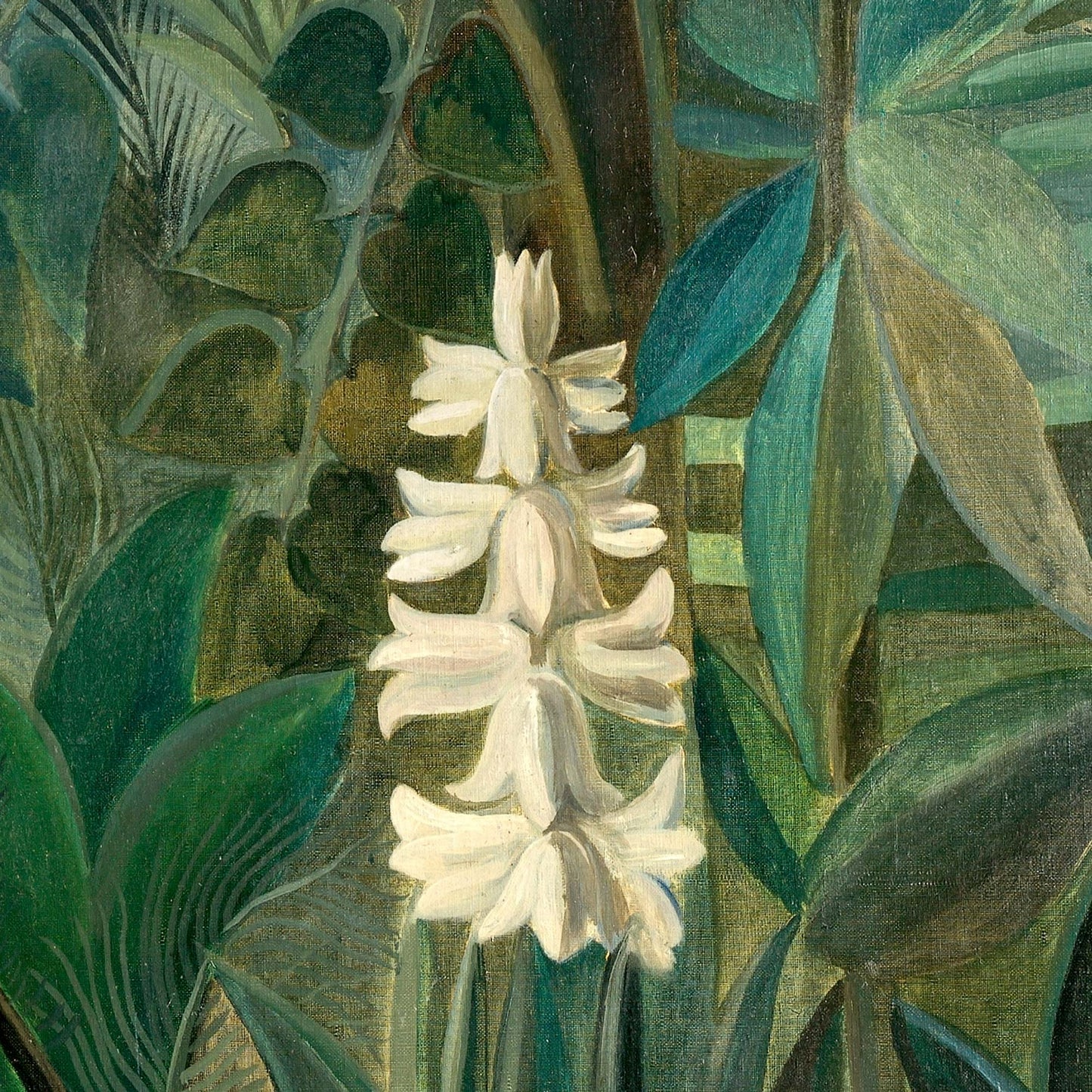 Zoomed-in area of white flowering stalk surrounded by layered jungle leaves from the Equatorial Jungle painting.