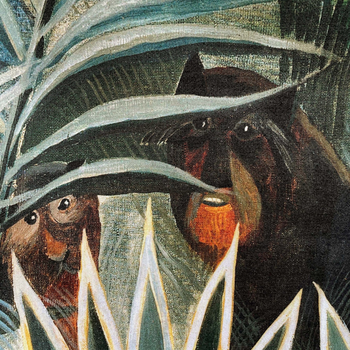 Close-up of monkeys hidden in the foliage from Rousseau Equatorial Jungle wall tapestry, exotic jungle animals in art design.