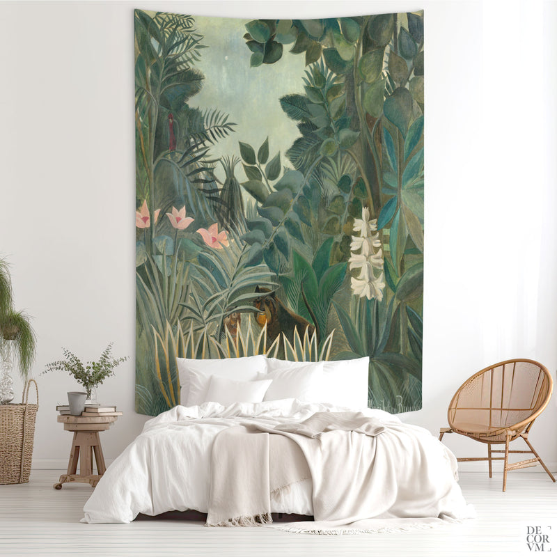 Henri Rousseau Equatorial Jungle wall tapestry hung in a bedroom with lush tropical foliage and hidden monkeys.
