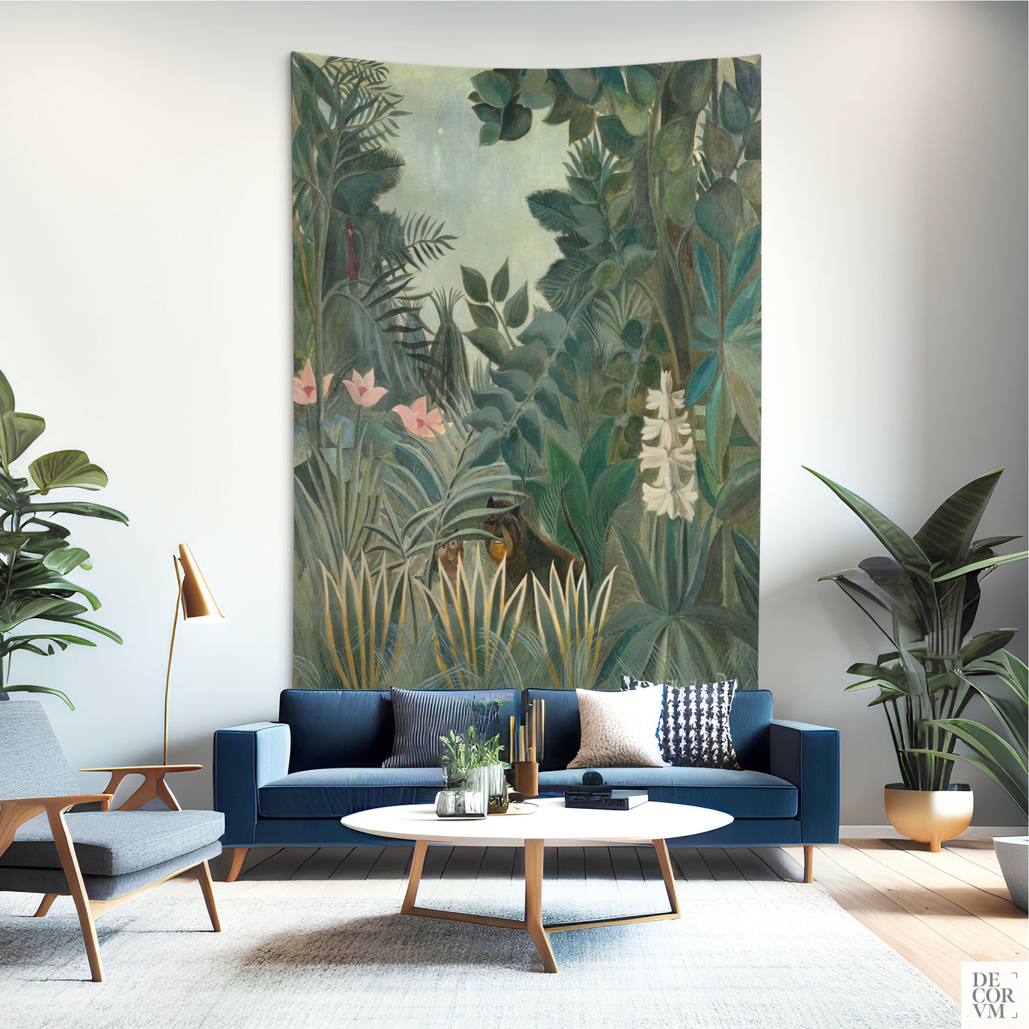 Henri Rousseau Equatorial Jungle tapestry displayed in modern living room with green plants and vintage jungle art.