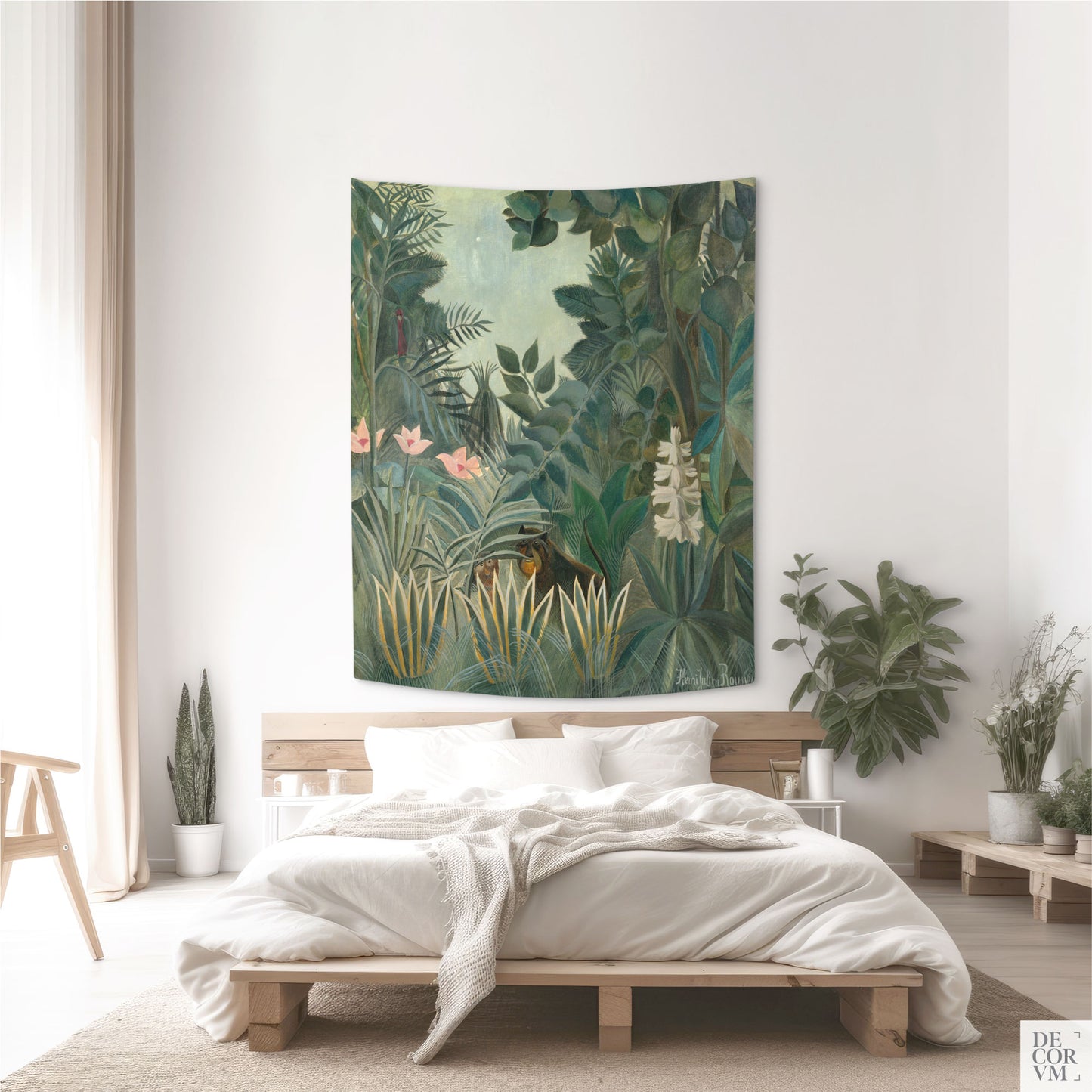 Vintage style wall tapestry with Rousseau’s Equatorial Jungle painting, jungle greenery and tropical flowers for living room.