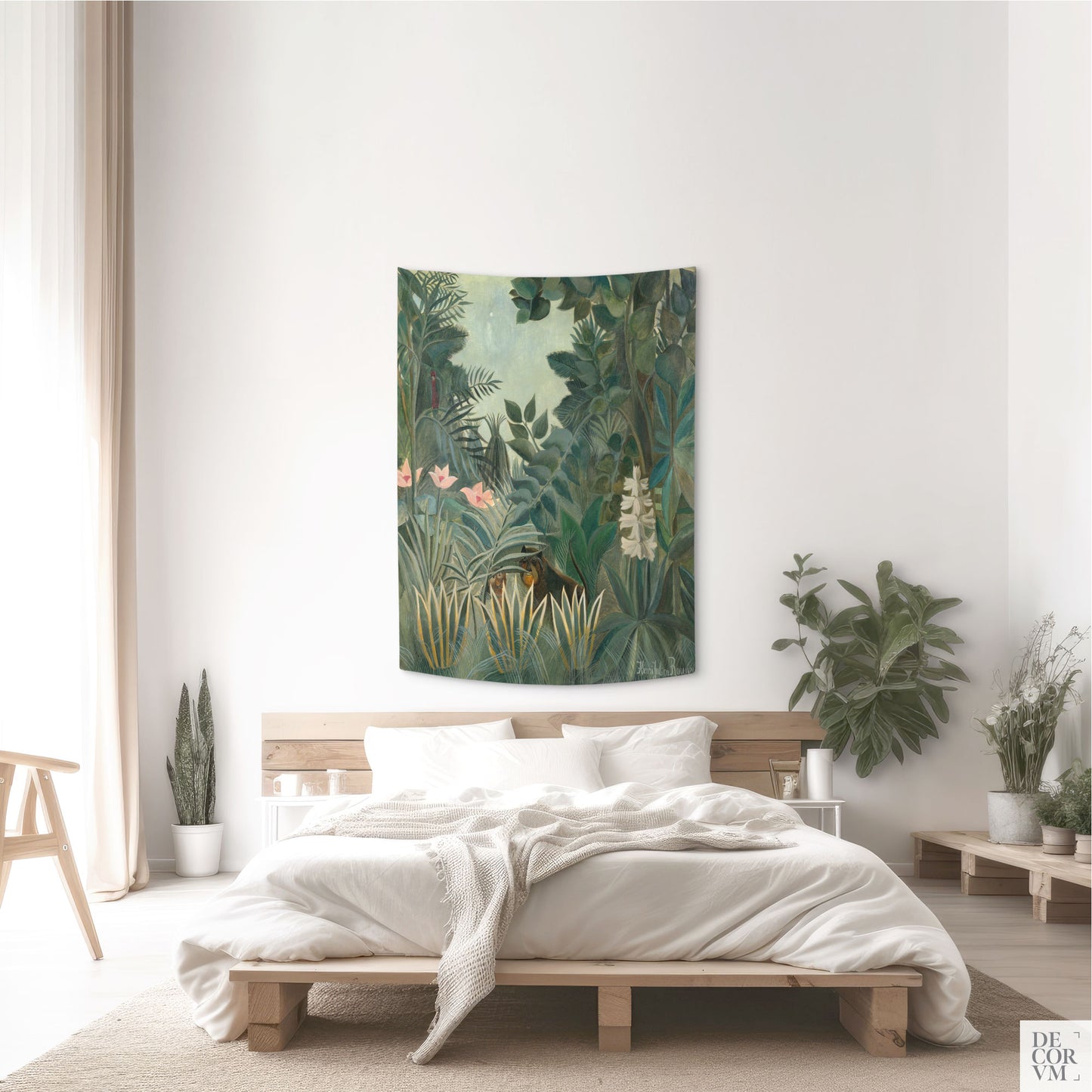 Equatorial Jungle wall hanging tapestry with Henri Rousseau artwork, botanical leaves and exotic animals in lush jungle scene.