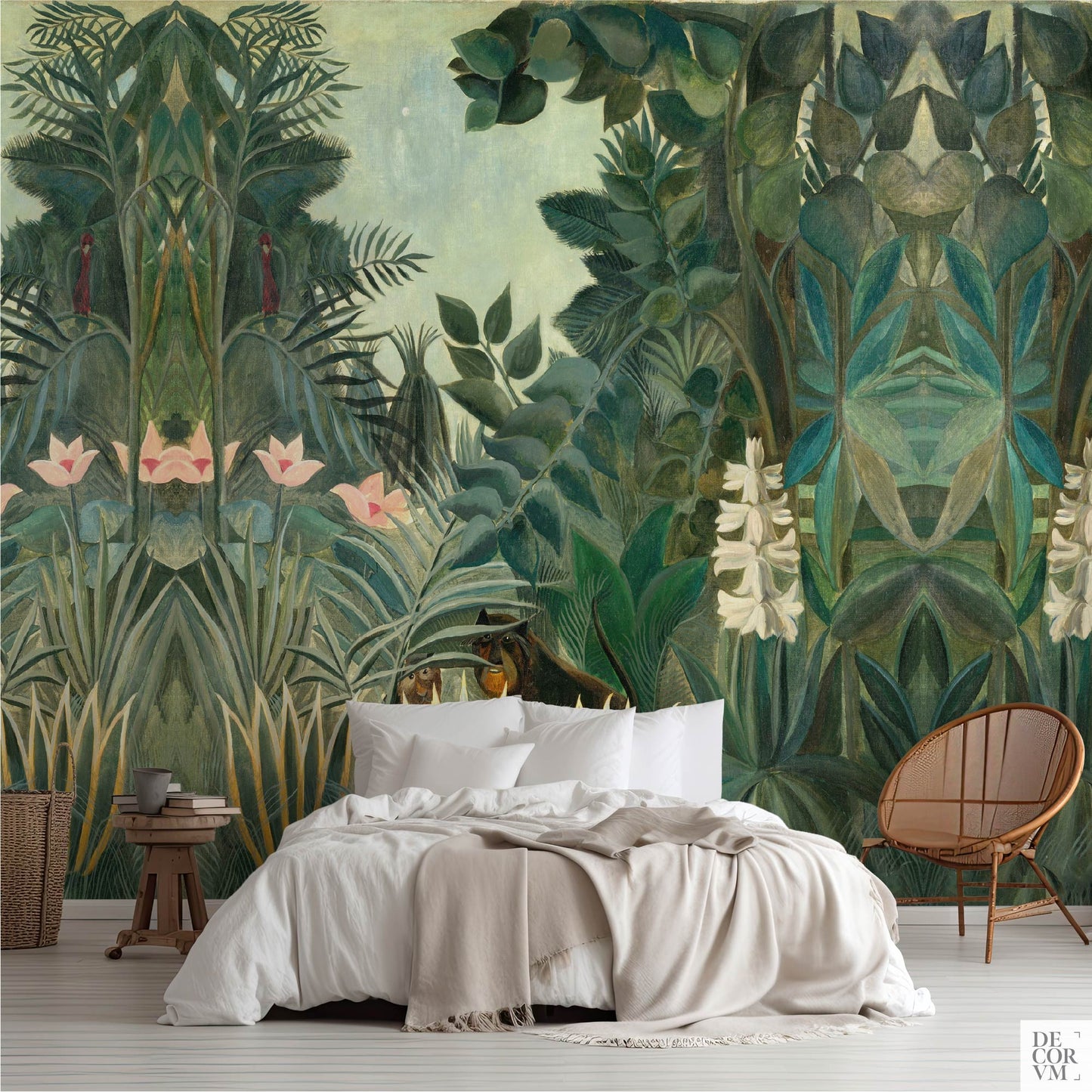 Wallpaper mural in a serene bedroom featuring Henri Rousseau’s jungle artwork with green foliage and pink flowers.