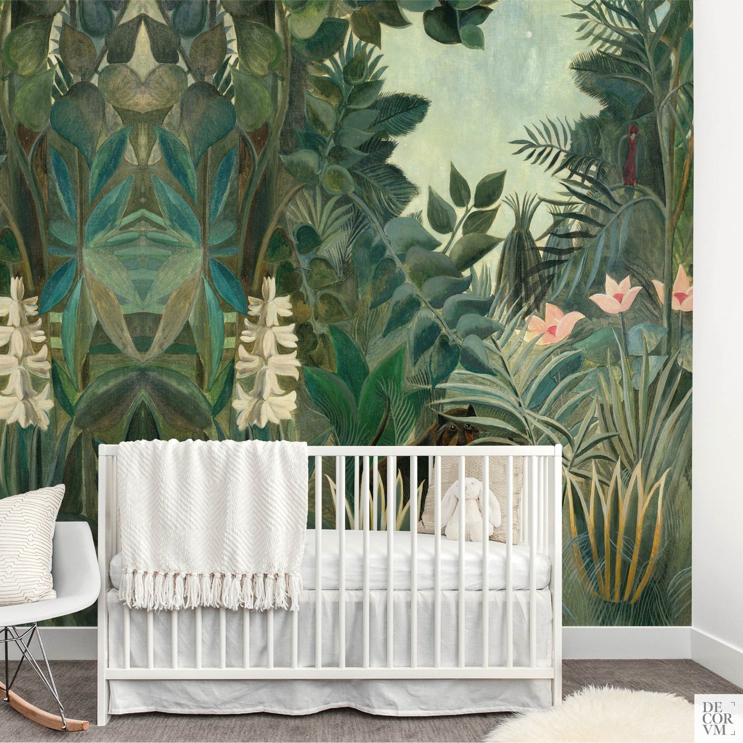 Nursery room with white crib in front of Henri Rousseau’s Equatorial Jungle mural featuring lush greenery and parrots.