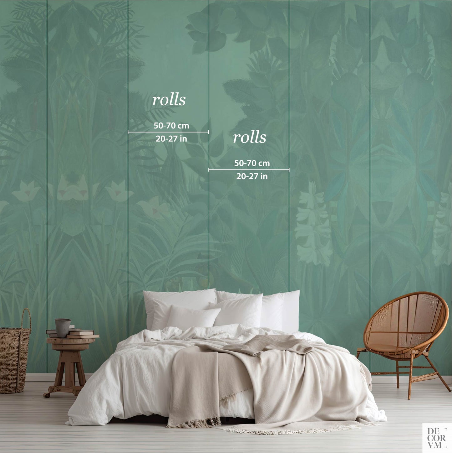 Mural scale mockup showing wallpaper rolls and measurements over Henri Rousseau’s Equatorial Jungle design.