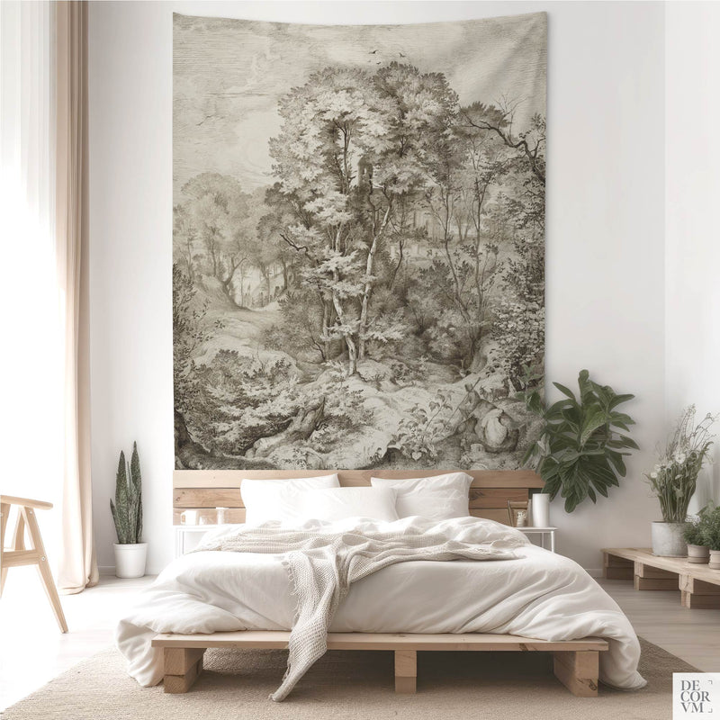 Large Forest Chapel Landscape tapestry as a statement headboard feature in a serene Scandinavian bedroom.