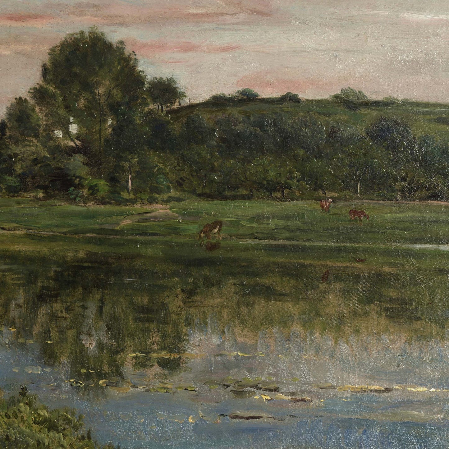 Pastoral detail of grazing cattle and treeline reflected in the river, with pink dusk clouds from the French River Landscape mural.