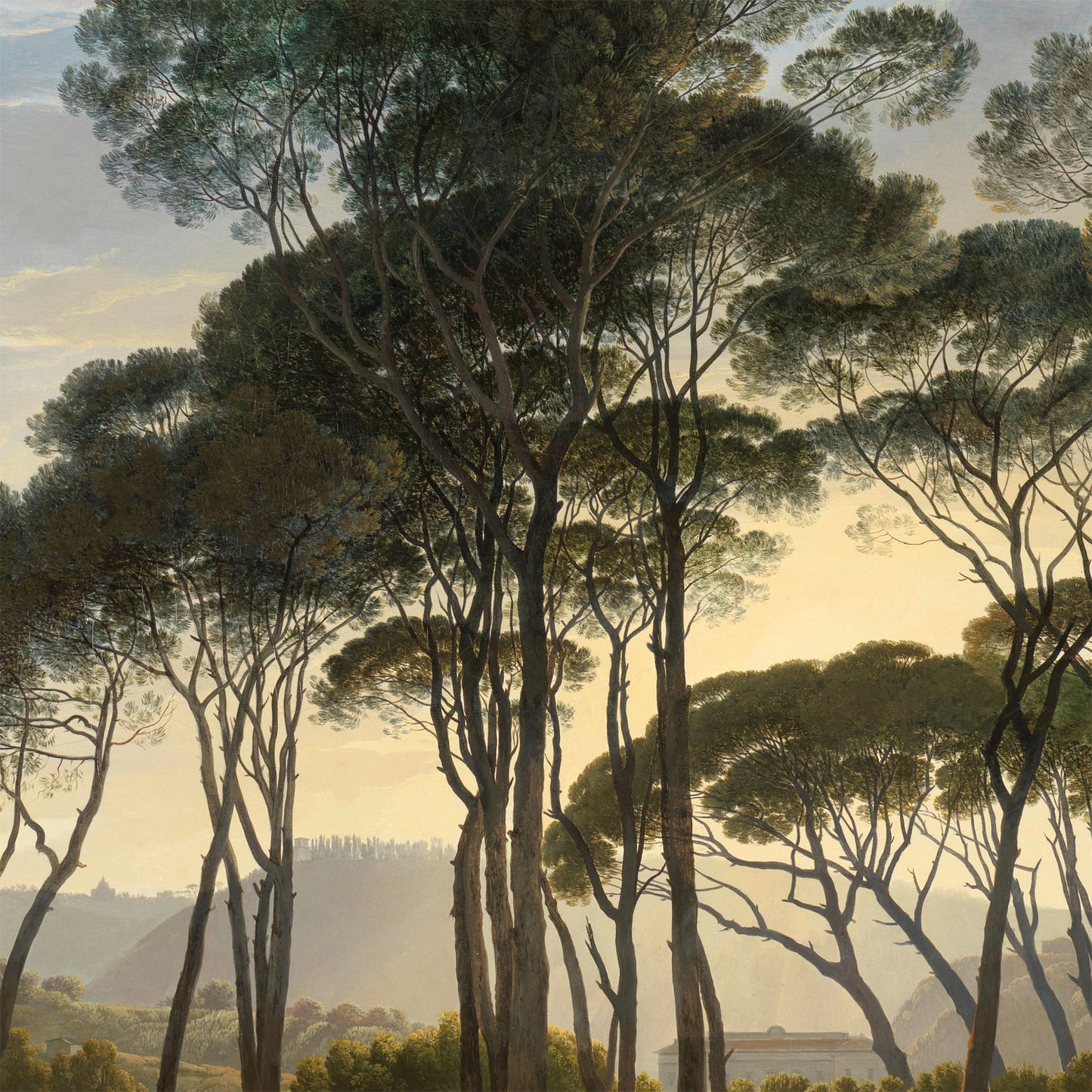 Detailed view of the vintage Italian landscape artwork, showcasing towering umbrella pines and a warm golden sunset over the historic Villa Borghese gardens.