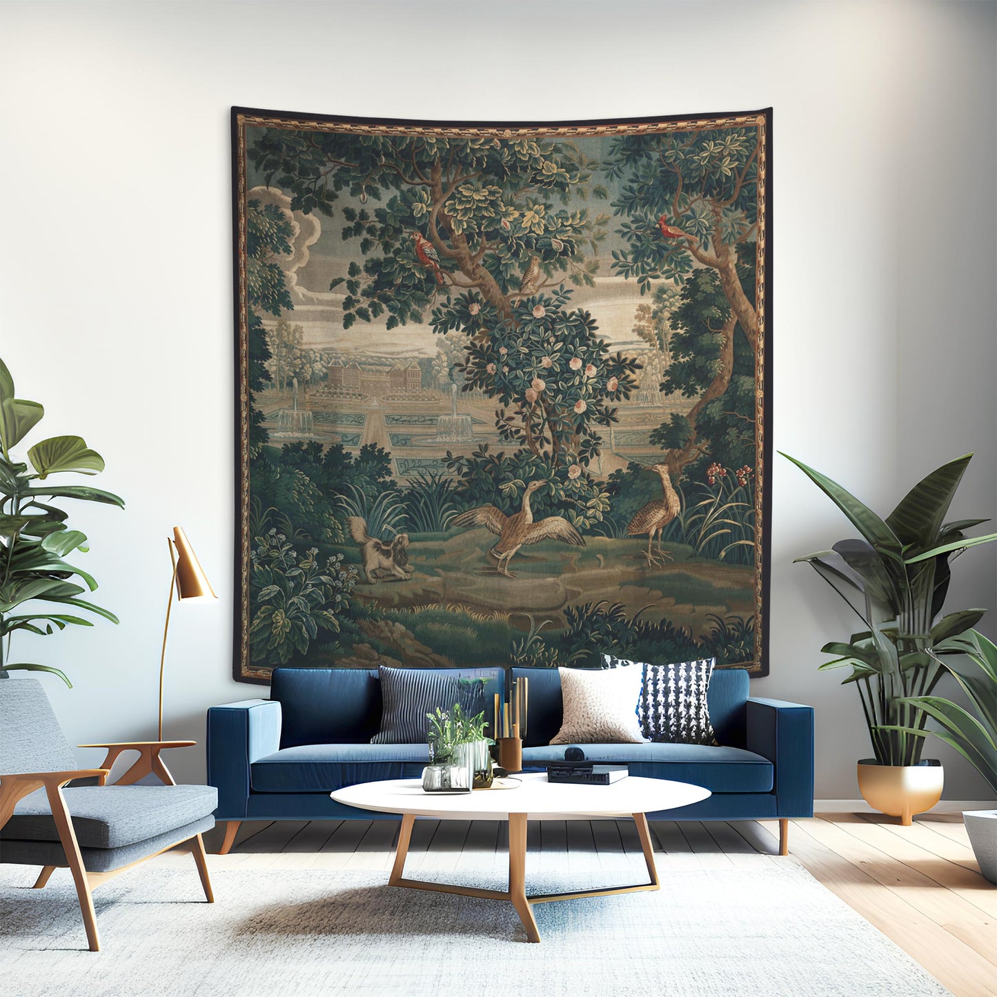Verdure Chateau Garden wall tapestry in a modern living room—French château garden scene with birds, trees, and fountains in rich green tones.