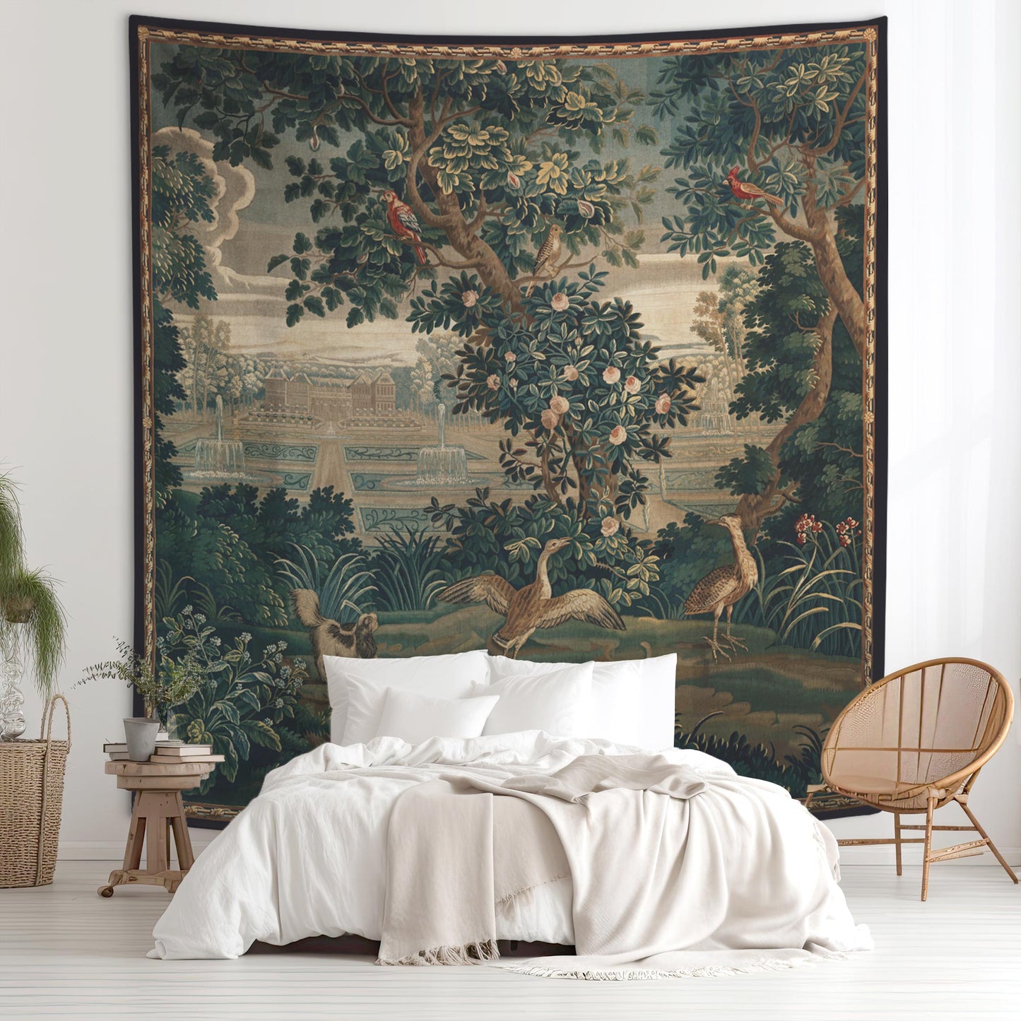 Verdure Chateau Garden wall tapestry above a bed—French château landscape with birds and fountains in green tones.