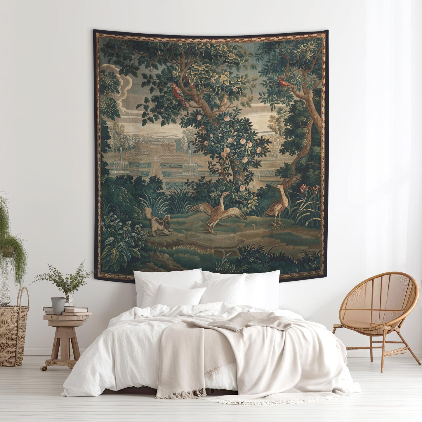 Verdure Chateau Garden wall tapestry in a medium size styled in a bright bedroom; intricate foliage, birds, and formal fountains.