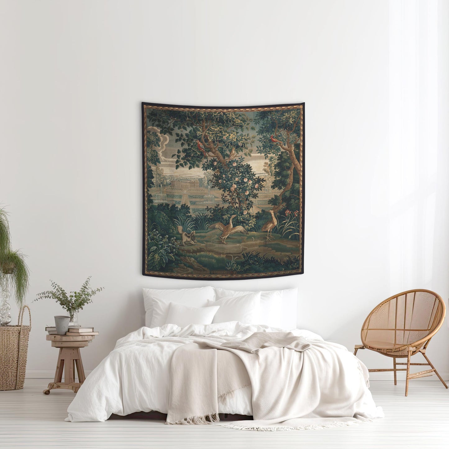 Verdure Chateau Garden wall tapestry in small size as a bedroom focal point—bird-filled trees framing a château and fountains.