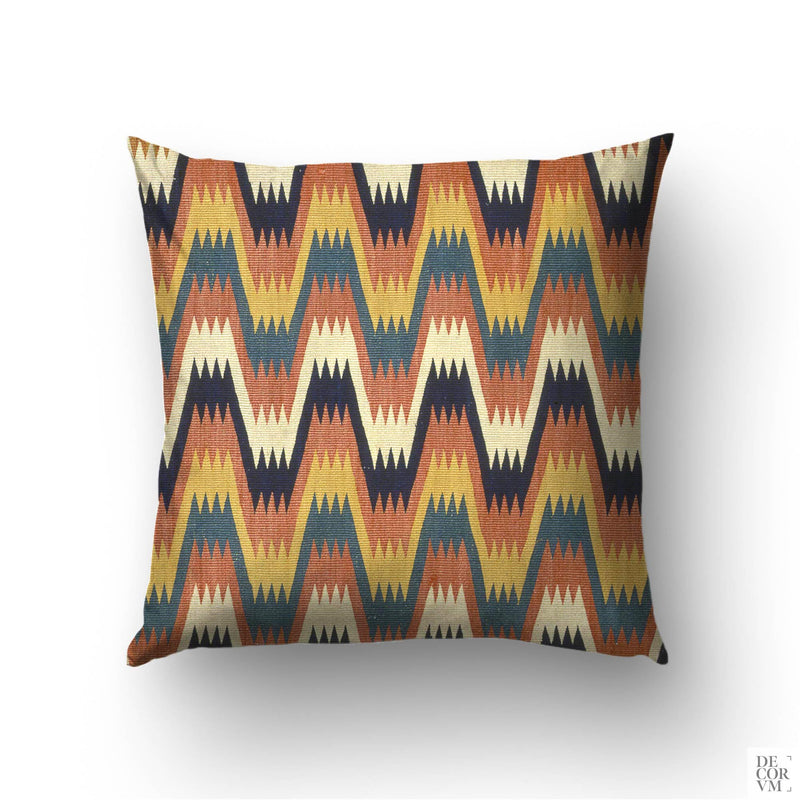 Swedish folk zigzag cushion cover — 19th-century Scania Lightning with Cross Border motif in rust, ochre, and navy by Decorvm.