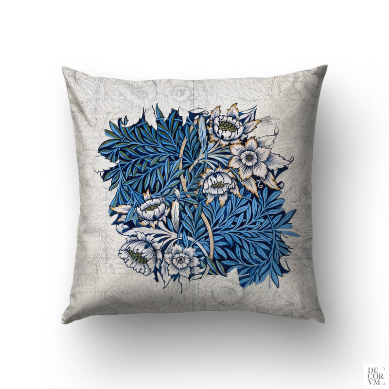 William Morris Tulip and Willow throw pillow cover on a sofa — 1873 Arts and Crafts pattern in cobalt blue and white by Decorvm.