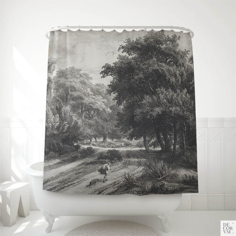 Fontainebleau forest shower curtain hung over a white clawfoot tub in a bright bathroom — an 1844 moody French etching by Charles-François Daubigny printed on soft cream fabric by Decorvm.