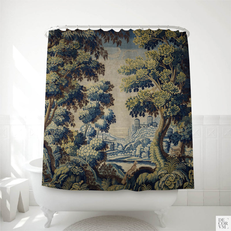 French verdure forest shower curtain over a white bathtub — Verdure avec écureuils woodland scene with chateau, squirrels, and songbirds in blue and sage by Decorvm.