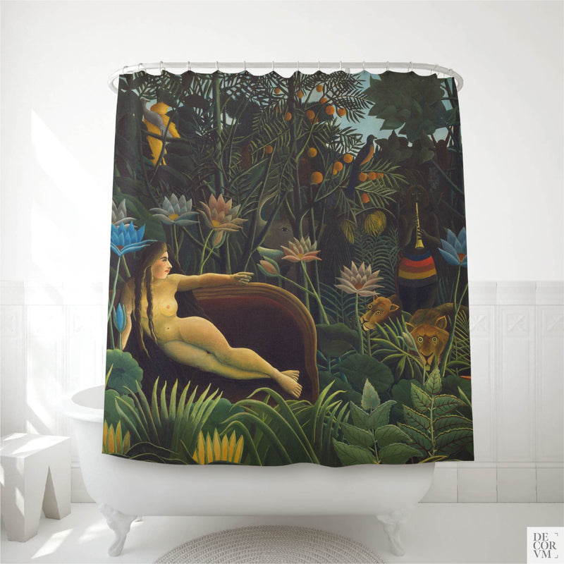 Henri Rousseau The Dream shower curtain hanging over a white clawfoot bathtub in a bright bathroom — a maximalist jungle painting with a reclining figure, lions in the leaves, and a snake charmer under moonlight, by Decorvm.