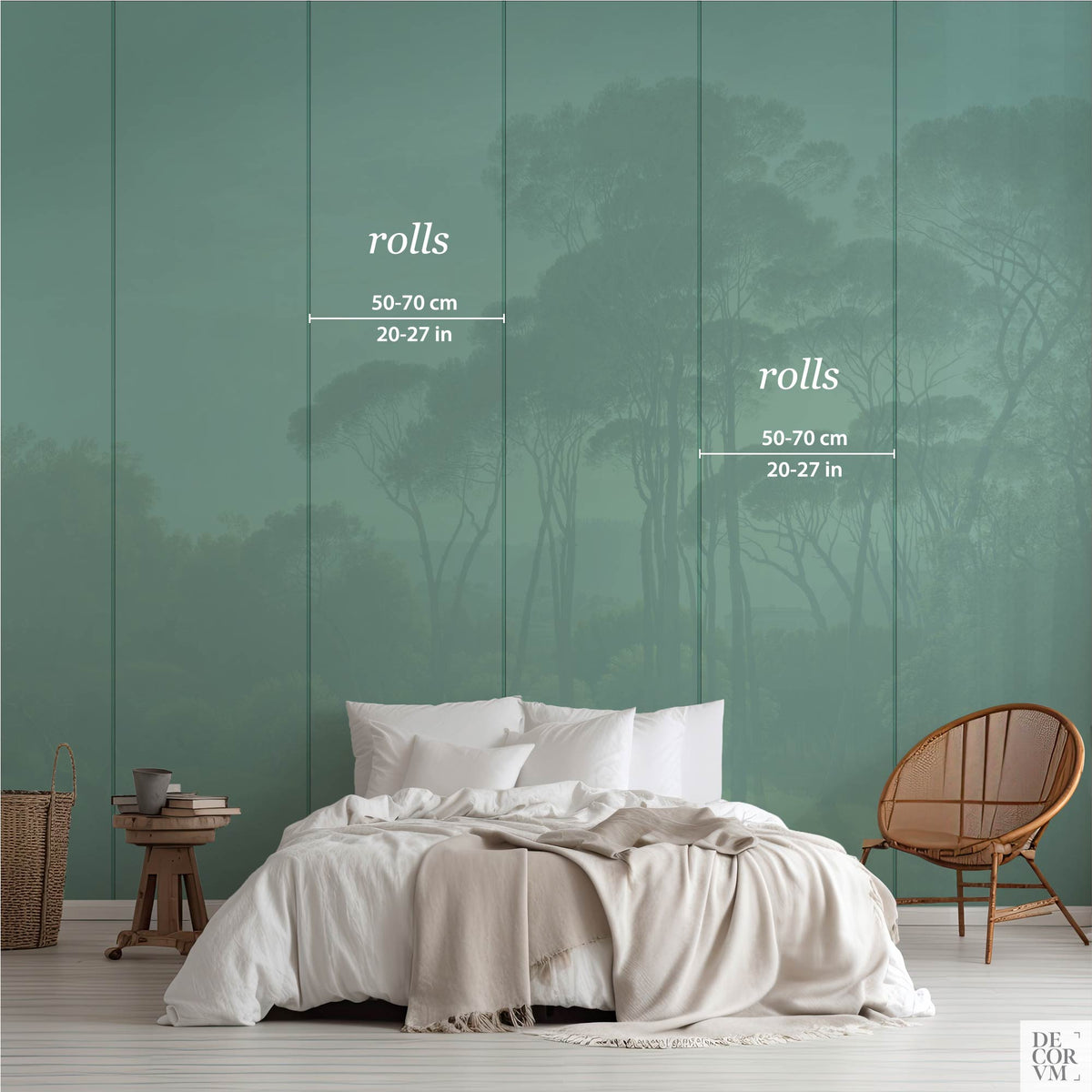 Italian landscape wallpaper mural roll width guide showing 50-70 cm (20-27 in) panels in a bedroom setting.