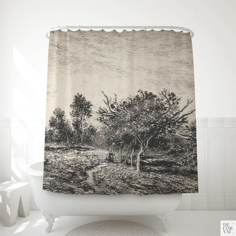 Monochrome tree etching shower curtain hung over a white clawfoot tub in a bright bathroom — an 1877 French etching by Charles-François Daubigny printed on soft cream fabric by Decorvm.