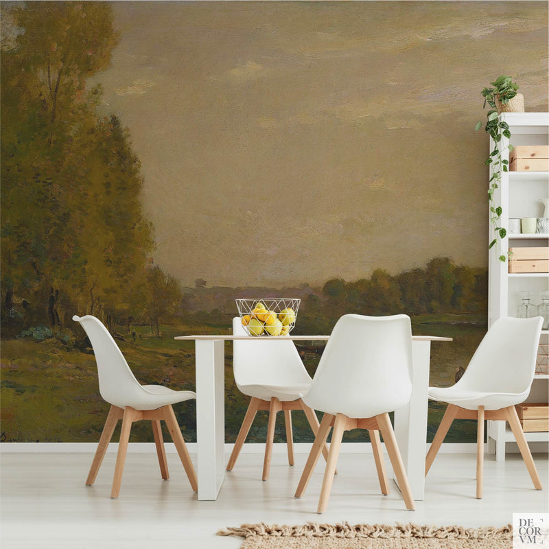 Oise river landscape wallpaper mural covering the wall of a bright dining room behind a slim white table with white plastic chairs and a slender shelving unit by Decorvm.