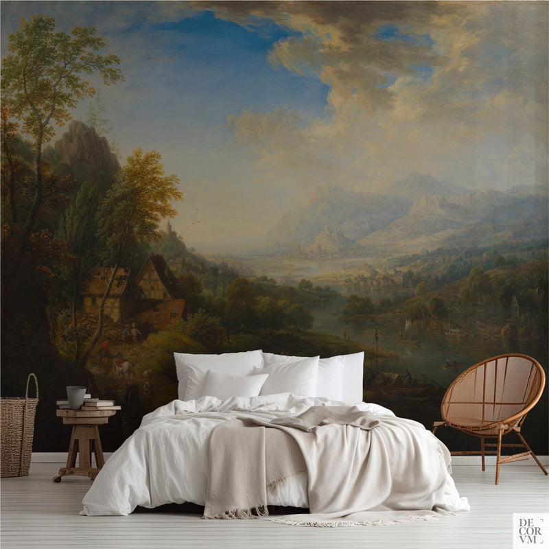 Old Master River Valley Wallpaper Mural — Golden Mountain Landscape Wall Decor