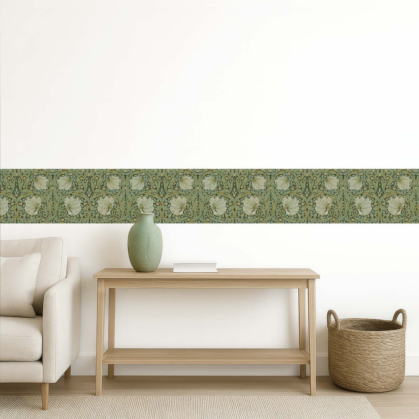 William Morris Pimpernel peel and stick wall border in sage — seamless installation on a white wall above a wooden console table in an entryway