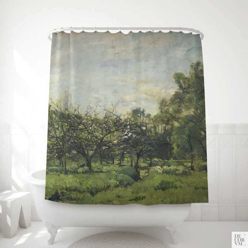 Spring orchard blossoms shower curtain hung over a white clawfoot tub in a bright bathroom — an 1860s Daubigny French landscape sketch of a flowering orchard printed on soft cream fabric by Decorvm.
