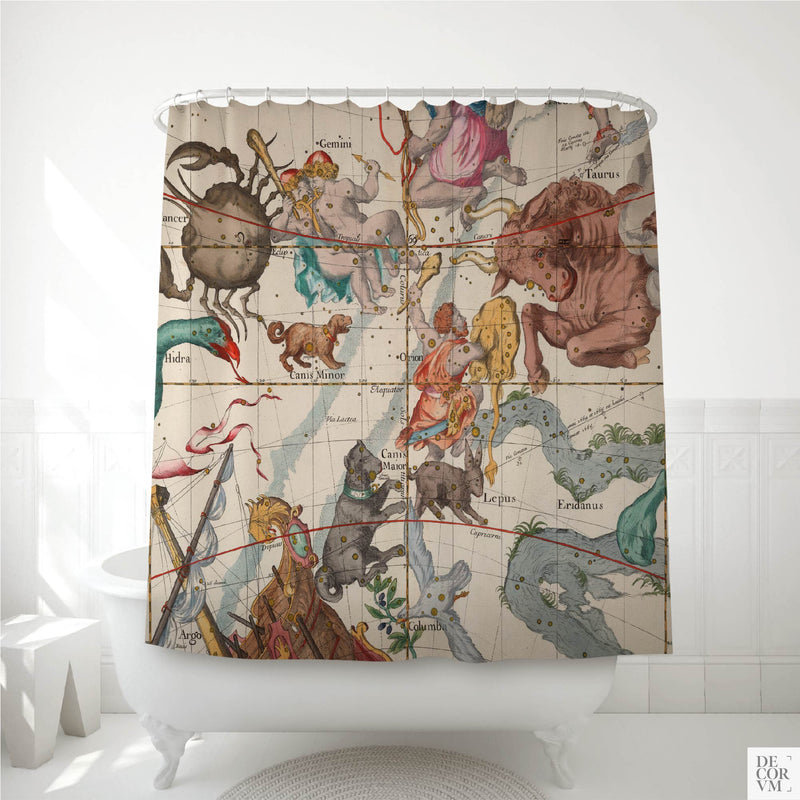 Pardies celestial star chart shower curtain over a white clawfoot bathtub — 1693 French Jesuit map with Taurus, Orion, and Gemini in sepia by Decorvm.