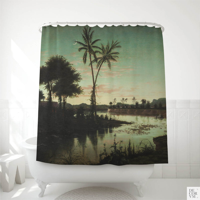 Tropical twilight palms shower curtain over a white clawfoot tub — 1866 painting by Fortunato Arriola with a crescent moon and quiet river by Decorvm.