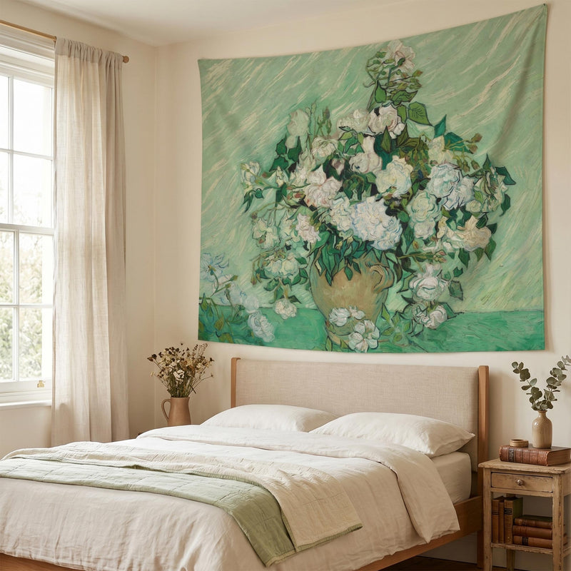 Van Gogh White Roses wall tapestry hung above a serene cottagecore bedroom in soft sage green tones.