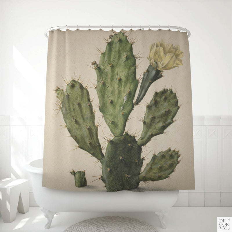 Vintage prickly pear cactus shower curtain hung over a white clawfoot tub in a bright bathroom — a 17th-century Dutch Baroque botanical watercolor of an Opuntia in bloom, printed on soft cream fabric by Decorvm.