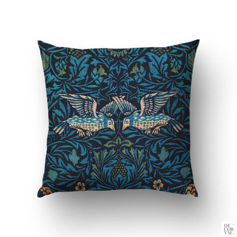 William Morris Birds throw pillow cover — Arts and Crafts pattern with two paired birds on deep teal and navy ground by Decorvm.