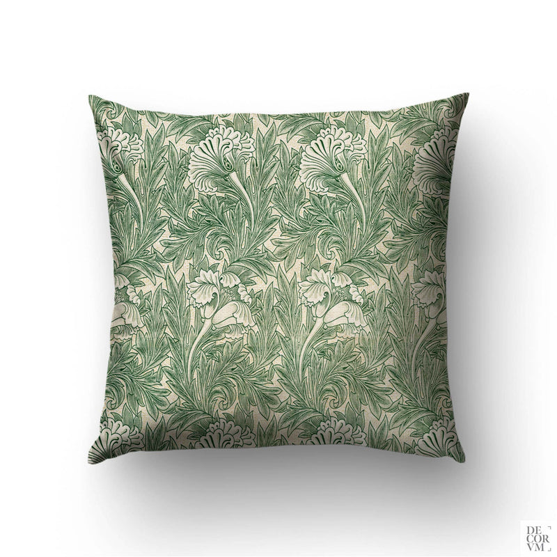 William Morris Tulip throw pillow cover in sage green — 1875 Arts and Crafts floral pattern by Decorvm.