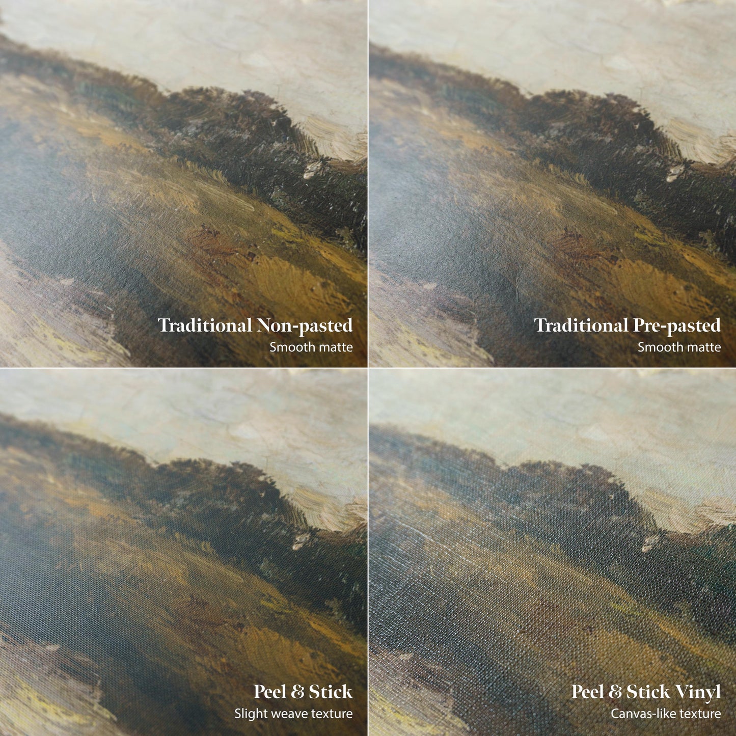 Close-ups of mural textures: smooth matte non-pasted, smooth matte pre-pasted, slight-weave peel & stick, and canvas-like peel & stick vinyl.