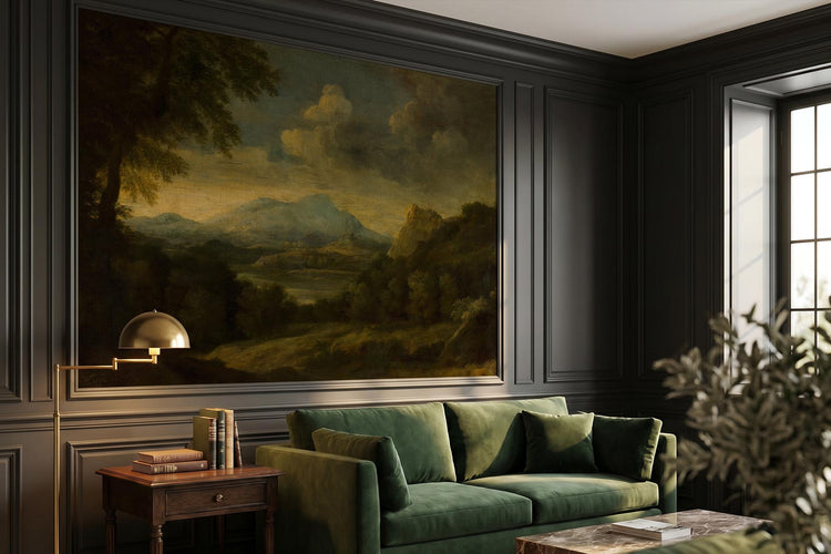 Moody antique landscape wallpaper mural framed in dark wall paneling above a green velvet sofa — art wallpaper murals by Decorvm