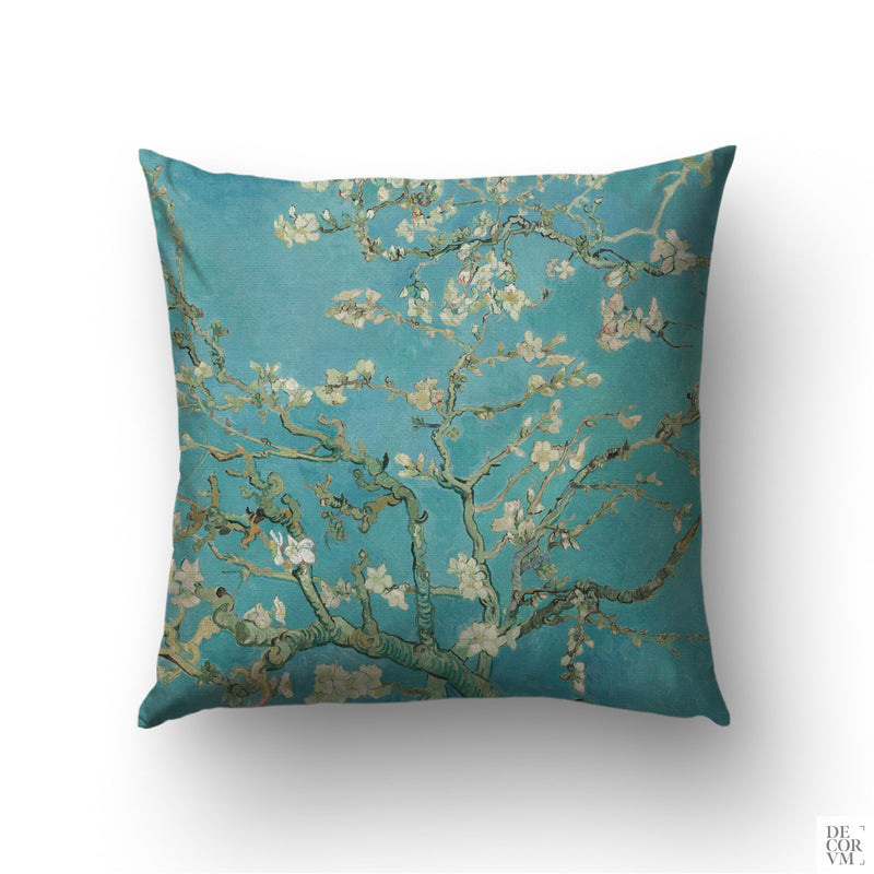 Van Gogh Almond Blossom throw pillow cover with turquoise background and white blossoms — square cushion.
