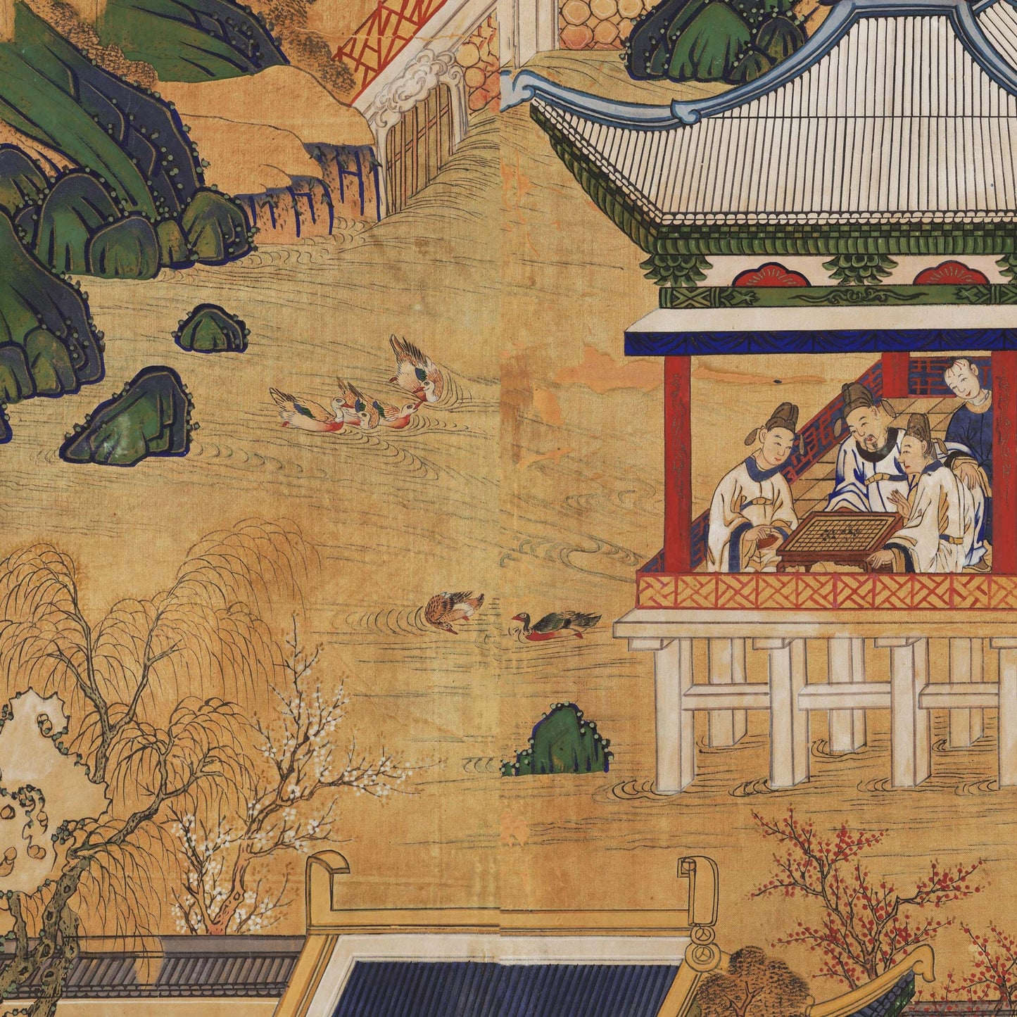 Closeup of figures playing a board game inside a pavilion built over water, featuring swimming ducks and detailed willow branches.