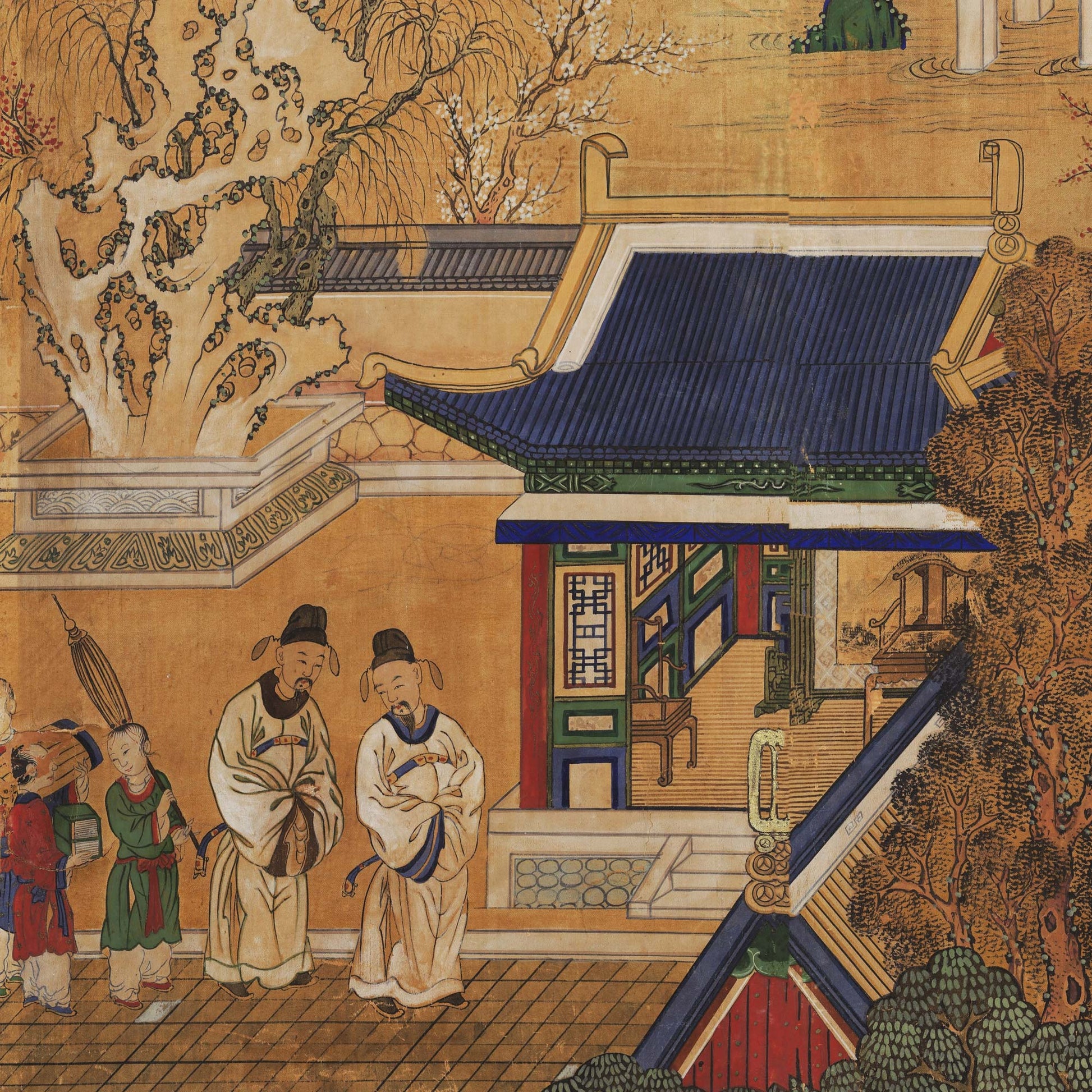 Detail of palace garden scene showing scholars conversing near a large white blossom tree and a traditional blue-tiled roof structure.