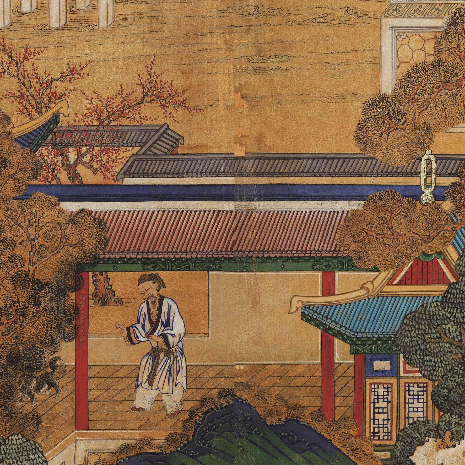 Detail of Antique Korean Panel Wallpaper featuring a robed figure and a playful dog in a palace courtyard surrounded by pine trees and red architecture.